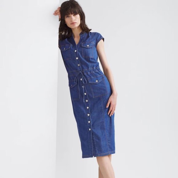 WHBM $160 Button-Down Midi Dress Denim Lightweight Cotton Tencel Blend 12 - Picture 2 of 10